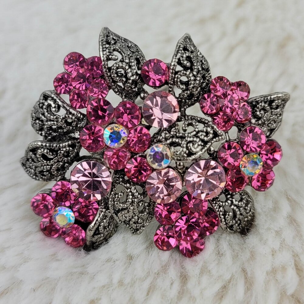 1960's Aurora Borealis and Pink Rhinestone Flower Brooch